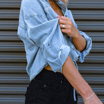 Margovil Long Sleeves Drawstring Hem Cropped Denim Shirt