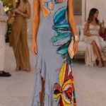 One Shoulder Sleeveless Floral Print Ruffle Slit Maxi Dress