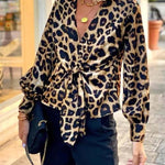 Janae Leopard Print Front Tie-up Lantern Sleeve Casual Blouse