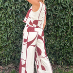 White Abstract Print Button Back Vest and Wide Leg Pants Set