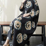 Loose Three-quarter Sleeves Buttoned Flower Print Stand Collar Midi Dresses