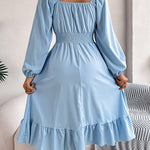 A-Line Elasticated Waist Pleated Ruffled Solid Color Square-Neck Midi Dresses