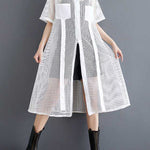 Half Sleeves Loose Hollow Solid Color Split-Joint Zipper Lapel Midi Dresses Shirt Dress
