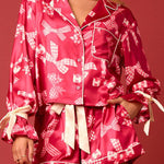 Christmas Print Lace-up Cuff Top and Elastic Waistband Pocket Casual Shorts Set