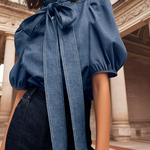 Long Sleeves Puff Sleeves Bow-Embellished Buttoned Split-Joint Tied High Neck Blouses&Shirts Tops