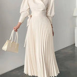 Office Pleated Asymmetric Solid Color Lapel Maxi Dresses