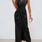 Bodycon High Waisted Elasticity Knot Solid Color Split-Front Split-Joint Zipper V-Neck Maxi Dresses