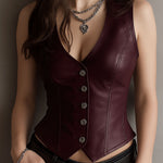Sharp V-Neck Black Eco Leather Waist-cinched Waistcoat