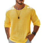 Men's Casual Cotton Linen Round Neck Loose Long Sleeve T-Shirt