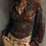 Chic Boho Floral Print Velvet Blouse With Ruffle Trim