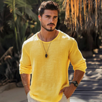 Men's Casual Cotton Linen Round Neck Loose Long Sleeve T-Shirt