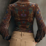 Chic Boho Floral Print Velvet Blouse With Ruffle Trim
