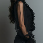 Vintage High Neck Black Sheer Organza Blouse With Ruffle Trim