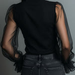 Vintage High Neck Black Sheer Organza Blouse With Ruffle Trim