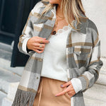 Plaid Snap Button Pocket Fringed Hem Shacket