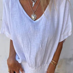 Linen Blend Solid Color V-neck Loose Pleated Casual Top