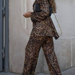Leopard print suit and wide-leg pants two-piece set