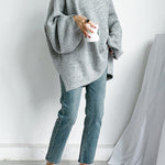 Stretch Mohair-Blend Balloon Sleeves Loose Solid Round-Neck Sweater Tops