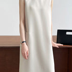 High Waisted Loose Pockets Solid Color Split-Back Zipper Round-Neck Midi Dresses