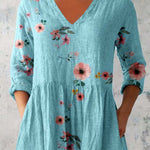 Women's Elegant Floral Print Pattern Cotton and Linen Top