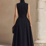 Belted High-Neck Pleated Maxi Dress