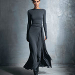 Women's Gray Exquisite Stretch Blended Fabric Wrap Dress - Knotted Maxi Dress