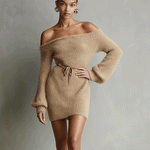 Women's Camel Elegant Fuzzy Knit Off - The - Shoulder Belted Mini Dress