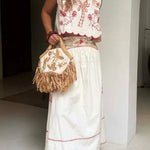 Sunny Day Linen Blend Contrast Embroidered Print Scallop Trim Lace-up Top