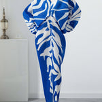 Original Batwing Sleeves Long Sleeves Contrast Color Printed Pleated V-Neck Midi Dresses