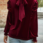 Red Mock Keyhole Neck Puff Sleeve Velvet Blouse