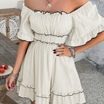 A-line High Waisted Elasticity Pleated Ruffle Trim Solid Color Square-neck Mini Dresses