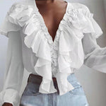 Loose-fit V-neck pullover chiffon shirt with ruffles