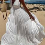 Bohemian Style V-neck Backless Slip Layered Vacation Maxi Dress