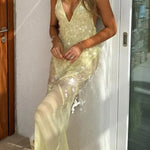 Deep V Neck Sequins Fishtail Hem Backless Gowns Slip Maxi Dresses-Yellow