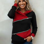 Women's Casual Loose Paneled Color-Block Zipper Hooded Sweatshirt