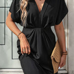 Loose Raglan Sleeve Elasticity Pleated Solid Color Split-Joint V-Neck Mini Dresses