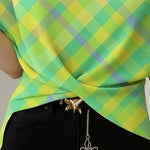 Half Sleeves High-Low Contrast Color Elasticity Knot Split-Joint Round-Neck T-Shirts Tops