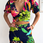 Floral Print V Neck Short Sleeves Crop Top Elastic Waist Wide Leg Pants Set