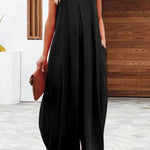 Solid Color Side Pocket Casual Wide-leg Suspender Jumpsuit