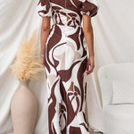 V Neck Puff Short Sleeves Printed Maxi Dress