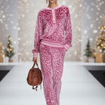 Casual Sporty Retro Pink Velvet Leopard Print Sweatshirt And Wide-Leg Pants Set