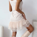 U Neck Sleeveless Splice Lace Trim Matching Dress