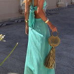 Tie Bow Backless Cut Out Color Block Maxi Dress