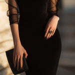 Sheer-Sleeve High-Neck Cocktail Dress