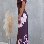 Asymmetrical Shoulder Floral Print Maxi Dress