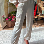 Margovil Solid Satin Cargo Pants with Pockets