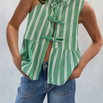 Margovil Crewneck Sleeveless Striped Ruffle Bow Top