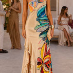 One Shoulder Sleeveless Floral Print Ruffle Slit Maxi Dress