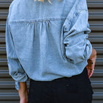Margovil Long Sleeves Drawstring Hem Cropped Denim Shirt