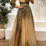 Margovil One Shoulder Long Sleeve Printed Slit Swing Maxi Dress